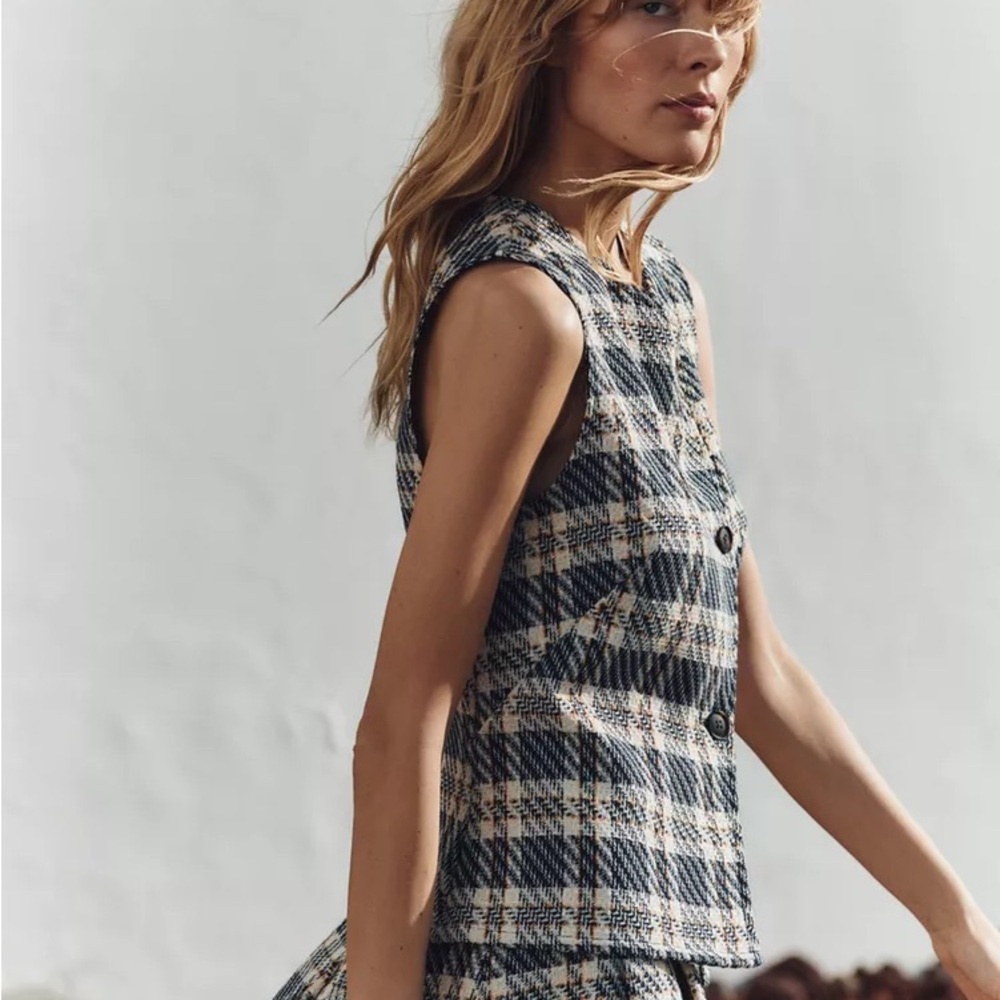 TEXTURED PLAID WAISTCOAT , Plaid Sleeveless Dress - Picture 3 of 6